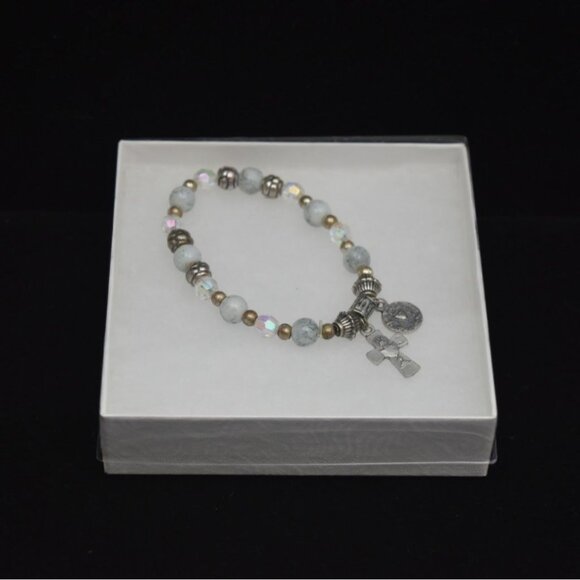 Religious First Communion Bracelet Silver Tone Chalice Crucifix Charm Glass Bead - Picture 1 of 4